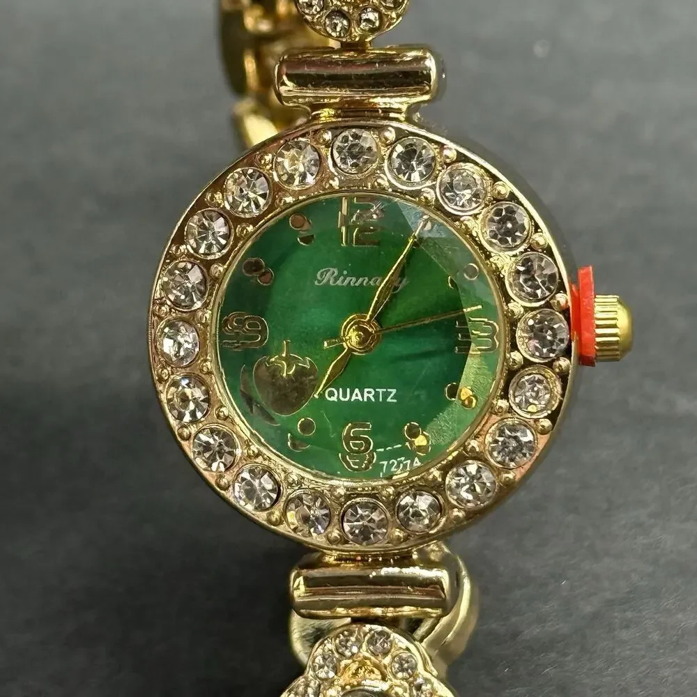 Gold Tone Clover Watch Bracelet Set 2 Pc Faux Emerald Jade Green Rhinestone NEW